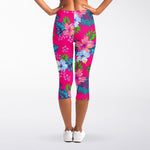 Hot Pink Aloha Hibiscus Pattern Print Women's Capri Leggings