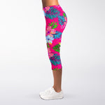 Hot Pink Aloha Hibiscus Pattern Print Women's Capri Leggings