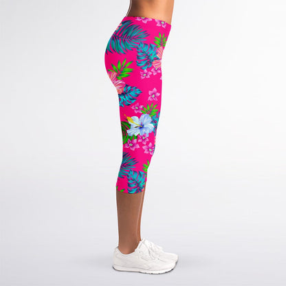 Hot Pink Aloha Hibiscus Pattern Print Women's Capri Leggings