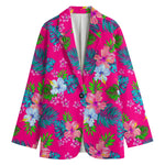 Hot Pink Aloha Hibiscus Pattern Print Women's Cotton Blazer