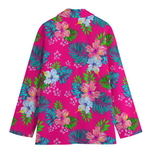 Hot Pink Aloha Hibiscus Pattern Print Women's Cotton Blazer