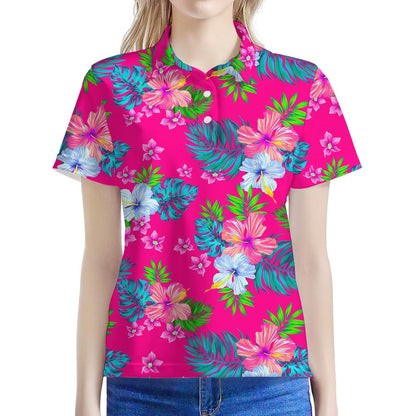 Hot Pink Aloha Hibiscus Pattern Print Women's Polo Shirt