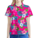 Hot Pink Aloha Hibiscus Pattern Print Women's Polo Shirt