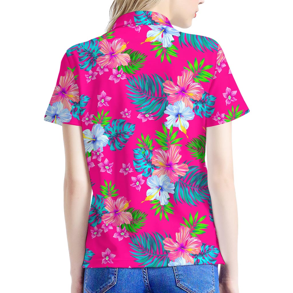Hot Pink Aloha Hibiscus Pattern Print Women's Polo Shirt