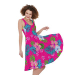 Hot Pink Aloha Hibiscus Pattern Print Women's Sleeveless Dress