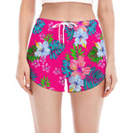 Hot Pink Aloha Hibiscus Pattern Print Women's Split Running Shorts