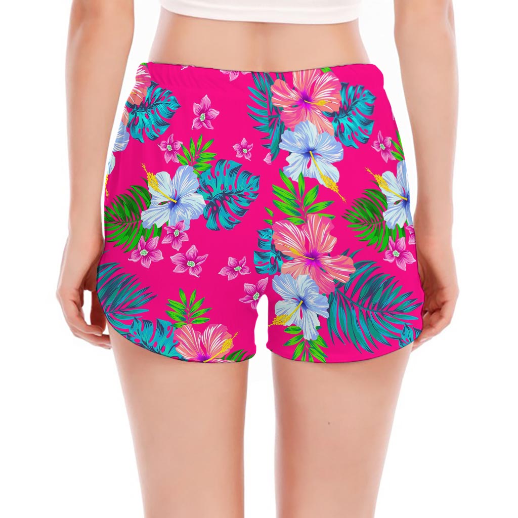 Hot Pink Aloha Hibiscus Pattern Print Women's Split Running Shorts