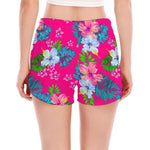 Hot Pink Aloha Hibiscus Pattern Print Women's Split Running Shorts