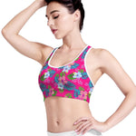 Hot Pink Aloha Hibiscus Pattern Print Women's Sports Bra