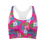 Hot Pink Aloha Hibiscus Pattern Print Women's Sports Bra