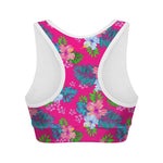 Hot Pink Aloha Hibiscus Pattern Print Women's Sports Bra