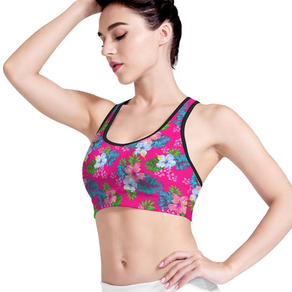 Hot Pink Aloha Hibiscus Pattern Print Women's Sports Bra