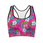 Hot Pink Aloha Hibiscus Pattern Print Women's Sports Bra