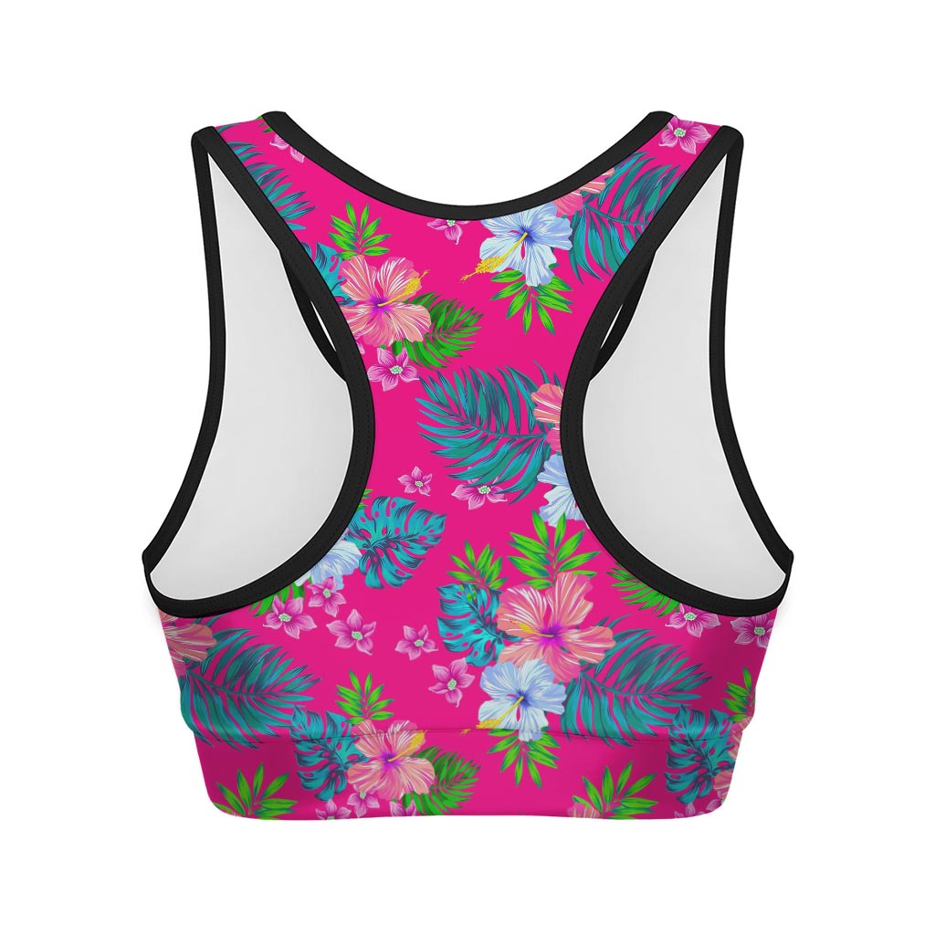Hot Pink Aloha Hibiscus Pattern Print Women's Sports Bra