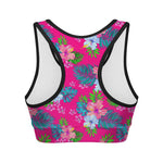 Hot Pink Aloha Hibiscus Pattern Print Women's Sports Bra
