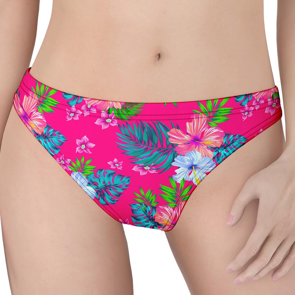 Hot Pink Aloha Hibiscus Pattern Print Women's Thong