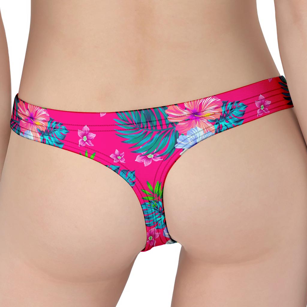 Hot Pink Aloha Hibiscus Pattern Print Women's Thong