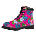 Hot Pink Aloha Hibiscus Pattern Print Padded Collar Lace Up Boots