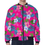 Hot Pink Aloha Hibiscus Pattern Print Zip Sleeve Bomber Jacket