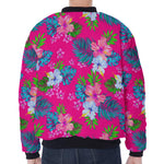 Hot Pink Aloha Hibiscus Pattern Print Zip Sleeve Bomber Jacket
