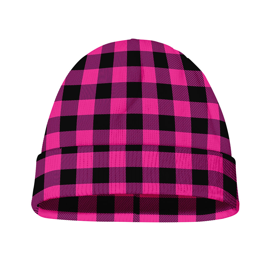 Hot Pink And Black Buffalo Check Print Beanie