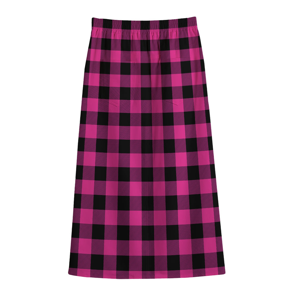 Hot Pink And Black Buffalo Check Print Cotton Front Slit Maxi Skirt