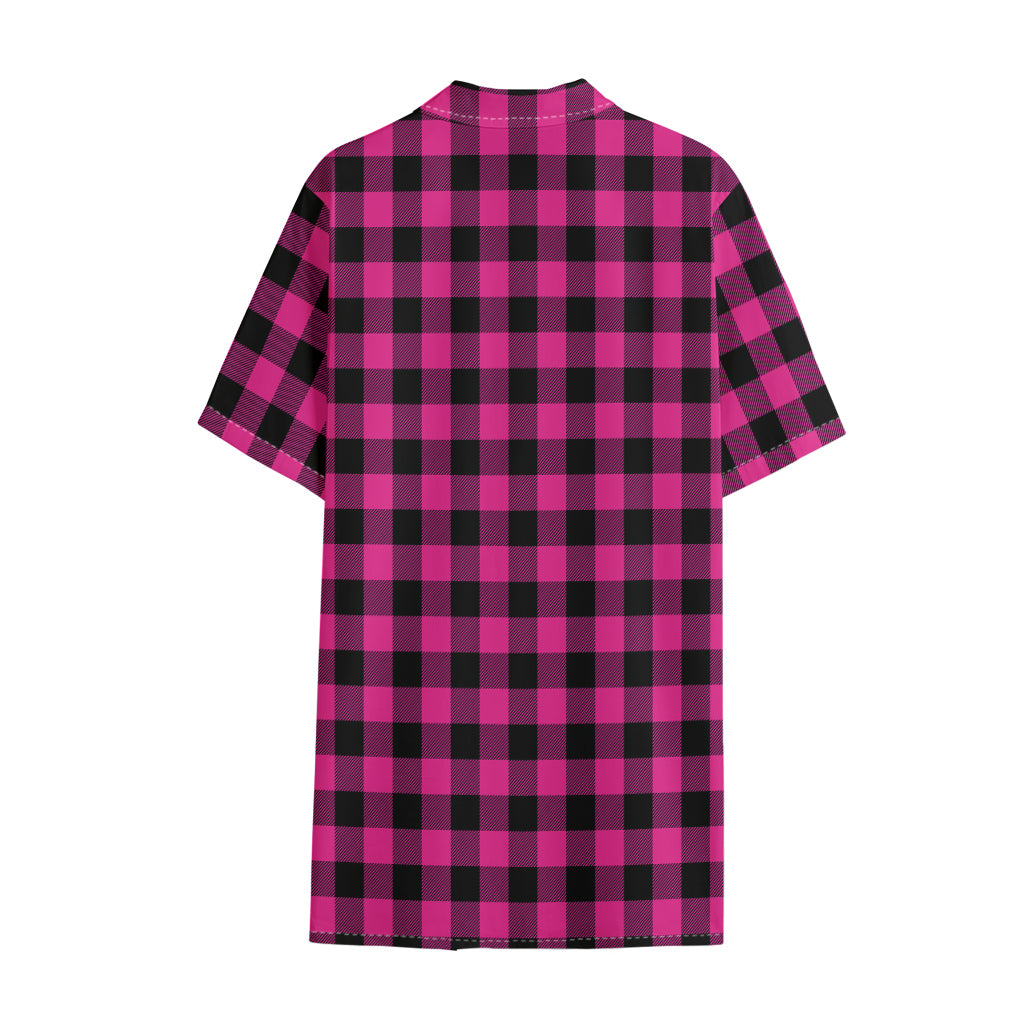 Hot Pink And Black Buffalo Check Print Cotton Hawaiian Shirt