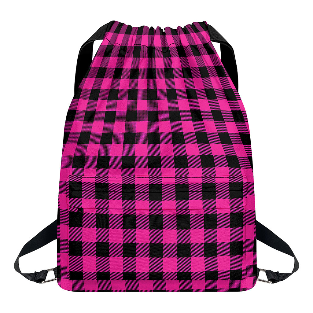 Hot Pink And Black Buffalo Check Print Drawstring Backpack