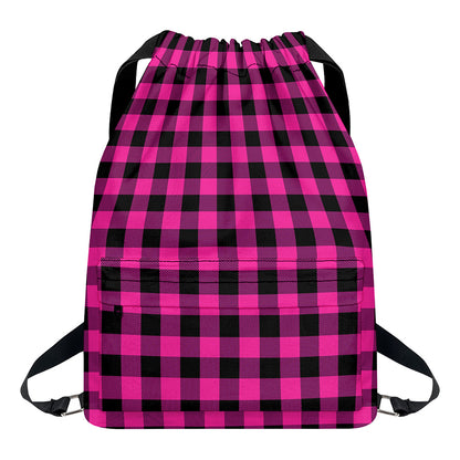 Hot Pink And Black Buffalo Check Print Drawstring Backpack