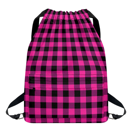 Hot Pink And Black Buffalo Check Print Drawstring Backpack