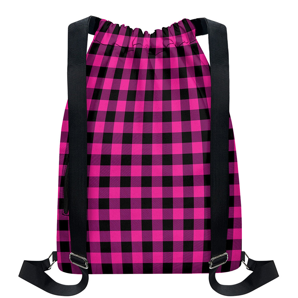 Hot Pink And Black Buffalo Check Print Drawstring Backpack