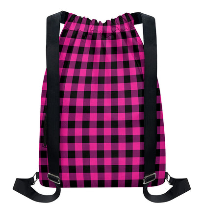 Hot Pink And Black Buffalo Check Print Drawstring Backpack
