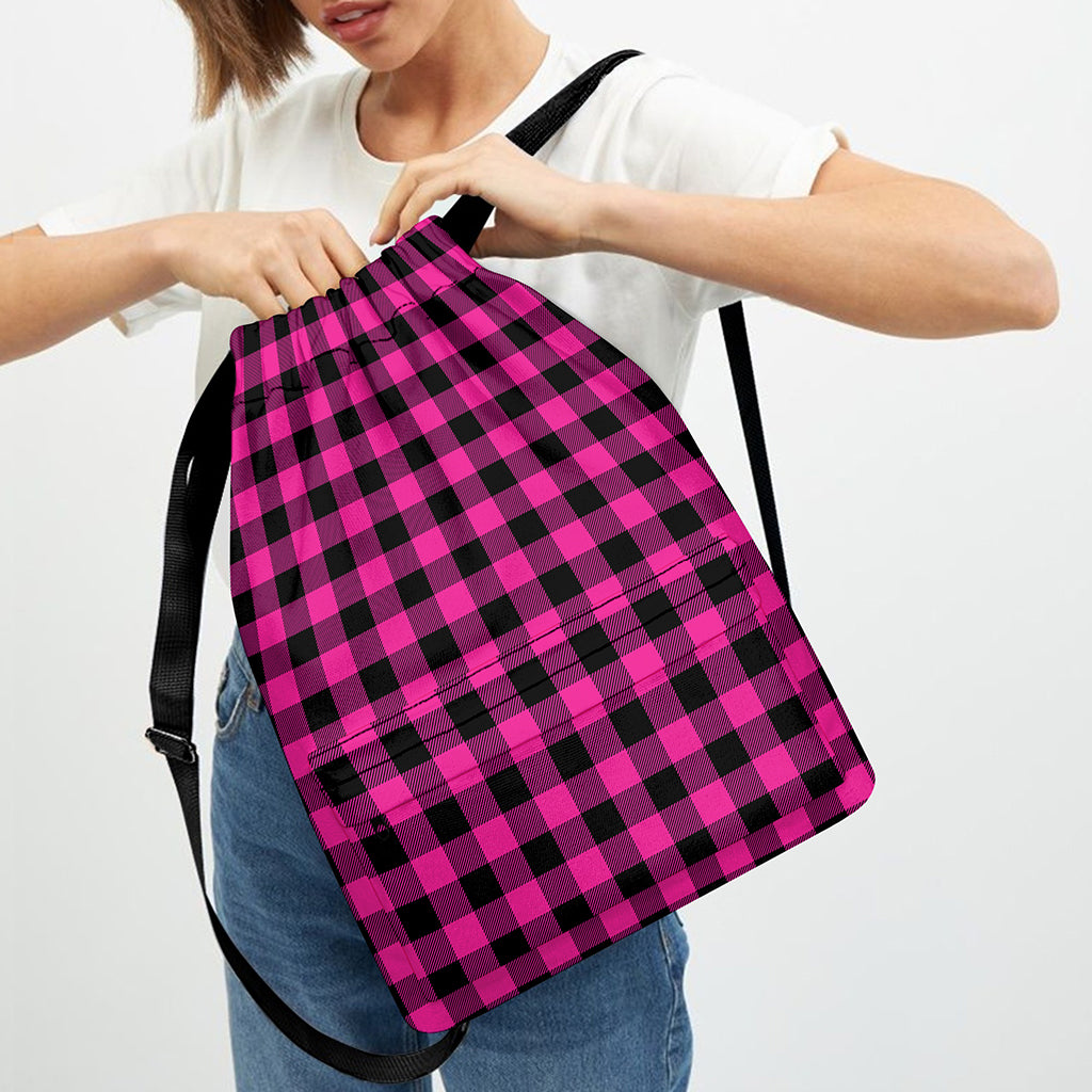 Hot Pink And Black Buffalo Check Print Drawstring Backpack