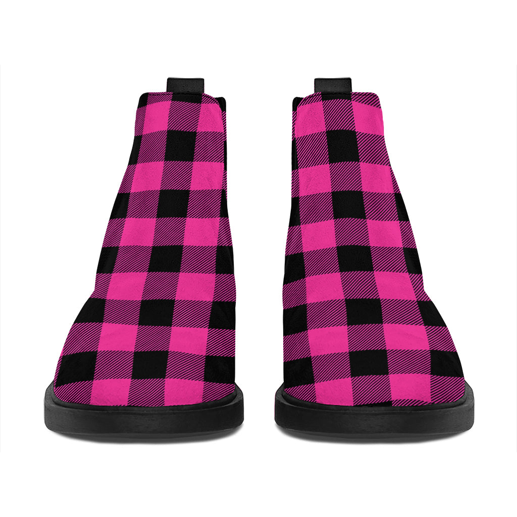 Hot Pink And Black Buffalo Check Print Flat Ankle Boots