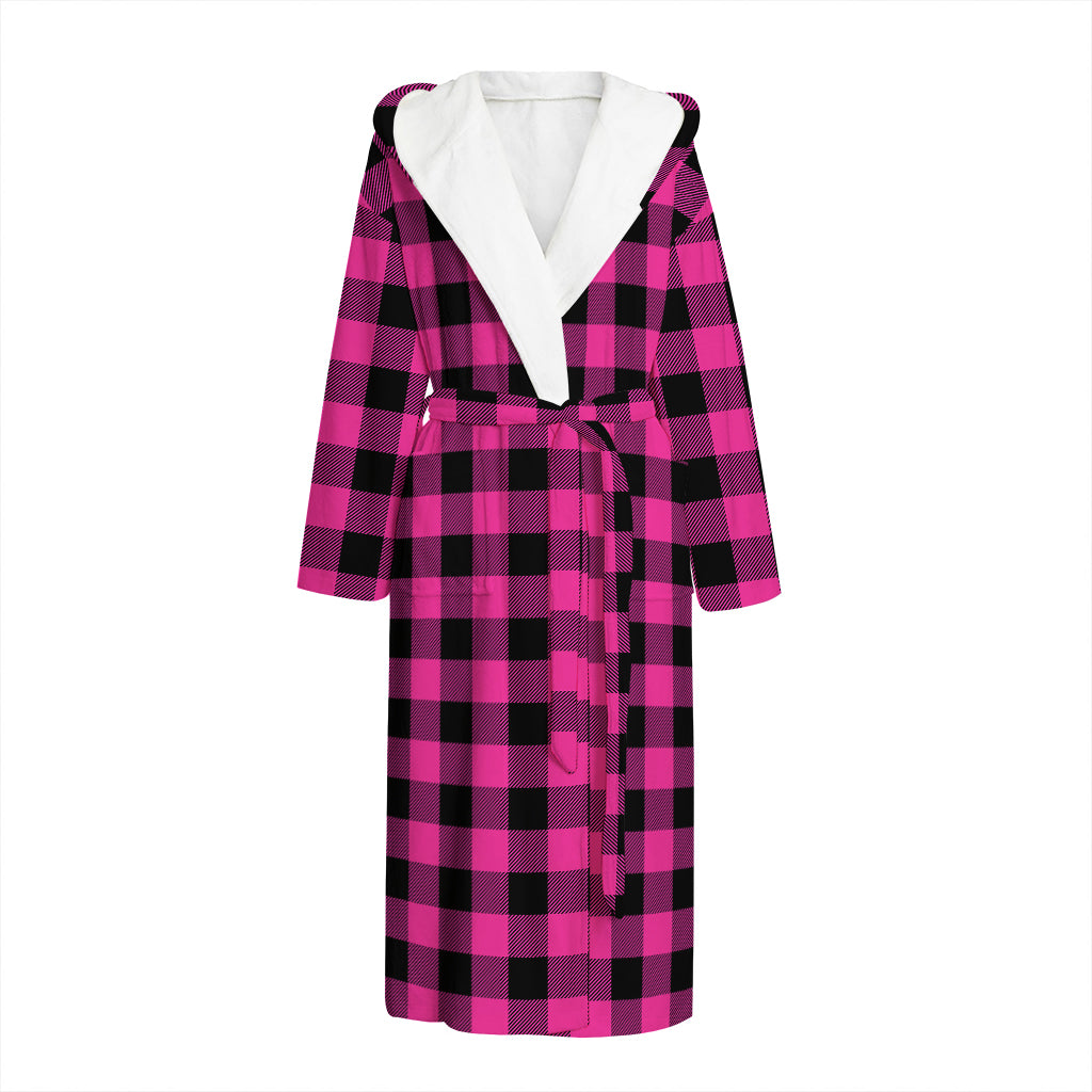 Hot Pink And Black Buffalo Check Print Hooded Bathrobe