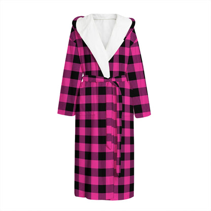 Hot Pink And Black Buffalo Check Print Hooded Bathrobe