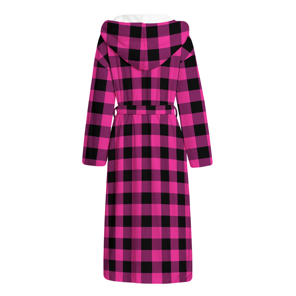 Hot Pink And Black Buffalo Check Print Hooded Bathrobe
