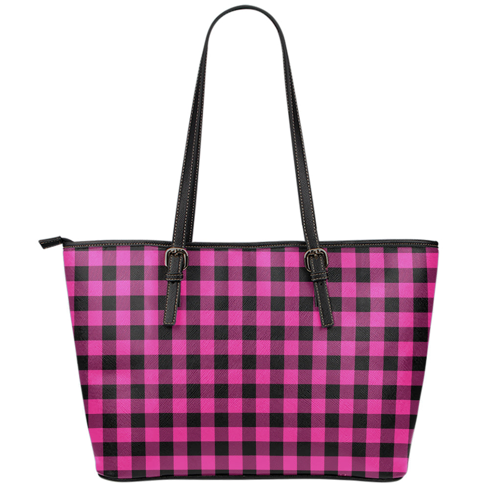 Hot Pink And Black Buffalo Check Print Leather Tote Bag