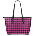 Hot Pink And Black Buffalo Check Print Leather Tote Bag With Zipper