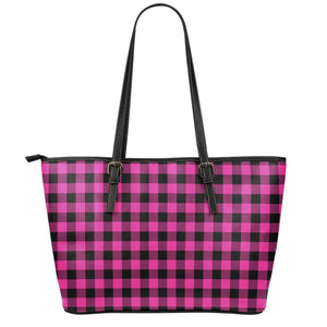 Hot Pink And Black Buffalo Check Print Leather Tote Bag