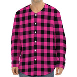 Hot Pink And Black Buffalo Check Print Long Sleeve Baseball Jersey