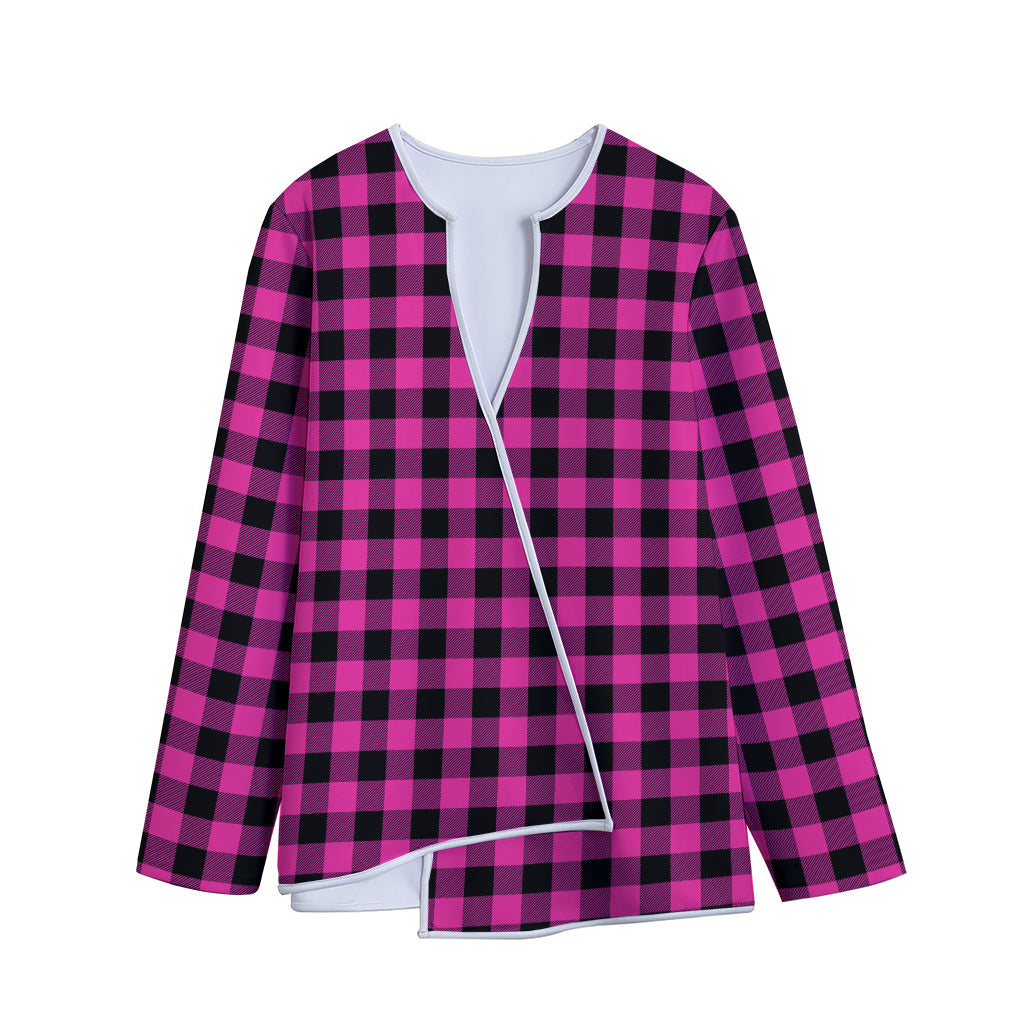 Hot Pink And Black Buffalo Check Print Long Sleeve Short Coat