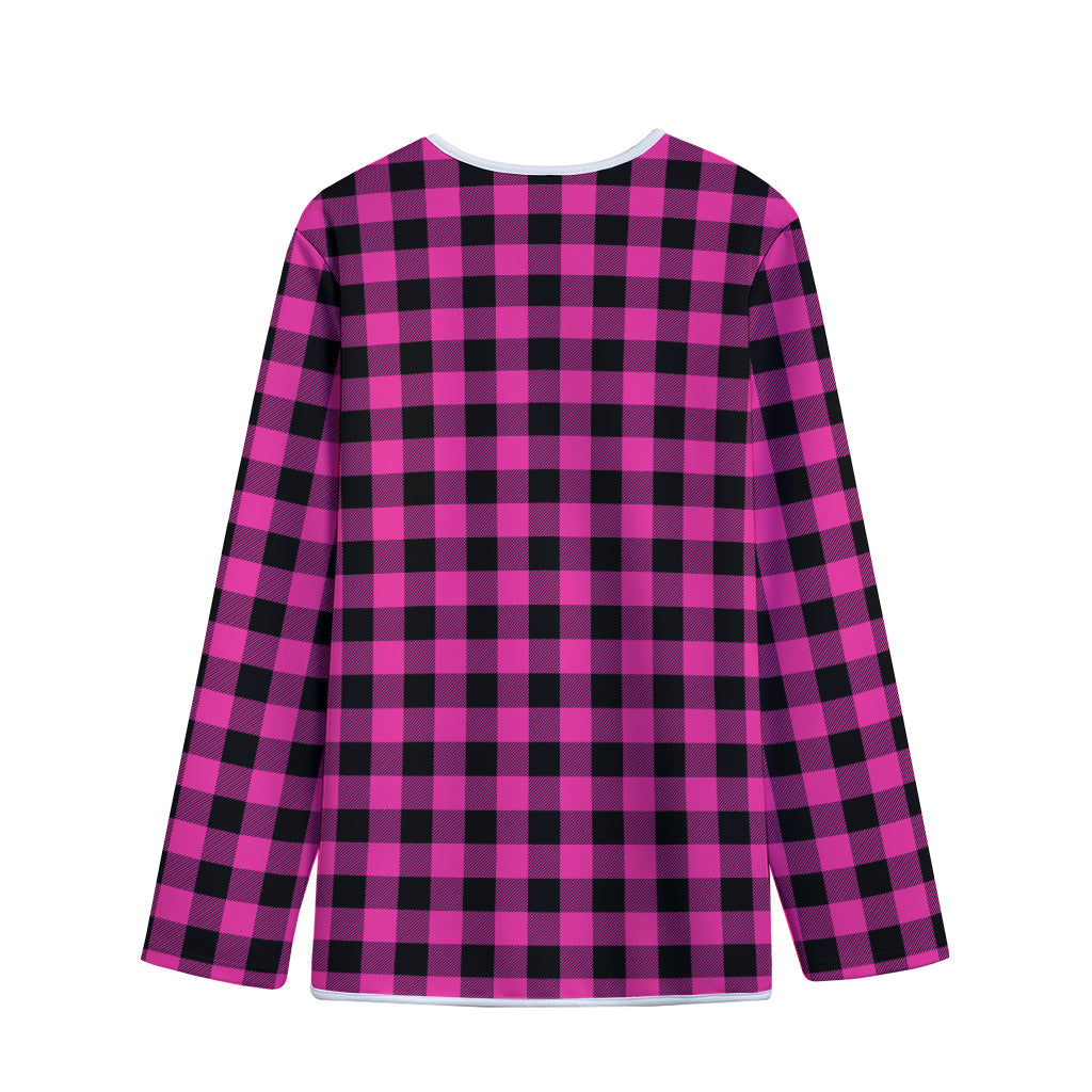 Hot Pink And Black Buffalo Check Print Long Sleeve Short Coat