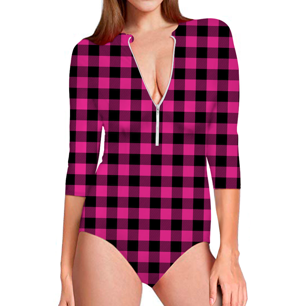 Hot Pink And Black Buffalo Check Print Long Sleeve Swimsuit