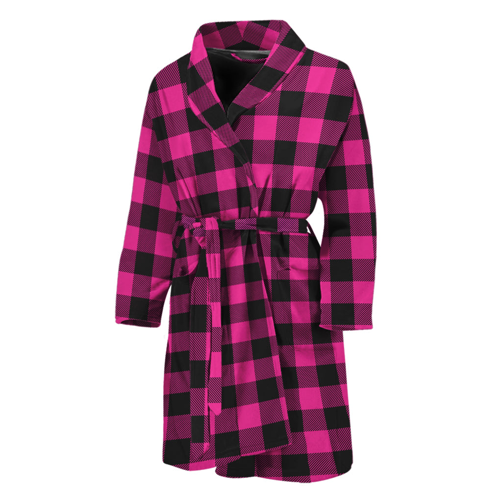 Hot Pink And Black Buffalo Check Print Men's Bathrobe