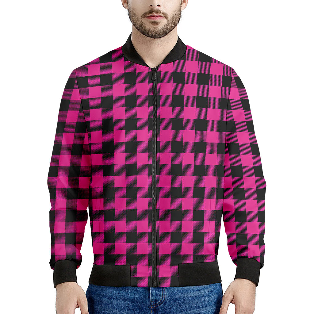 Hot Pink And Black Buffalo Check Print Men's Bomber Jacket