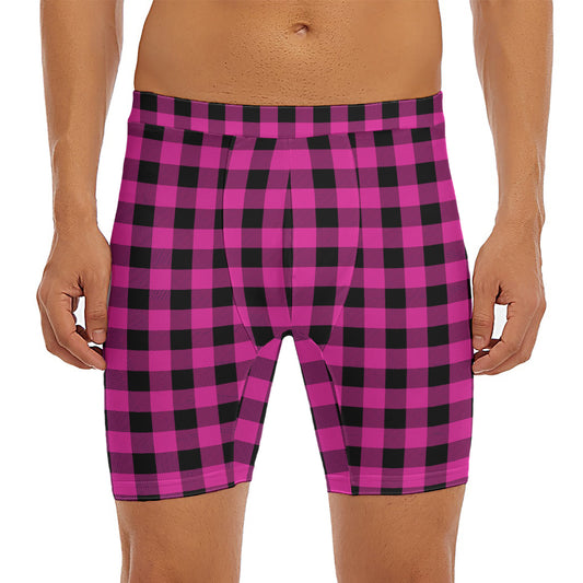 Hot Pink And Black Buffalo Check Print Men's Long Boxer Briefs