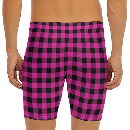 Hot Pink And Black Buffalo Check Print Men's Long Boxer Briefs