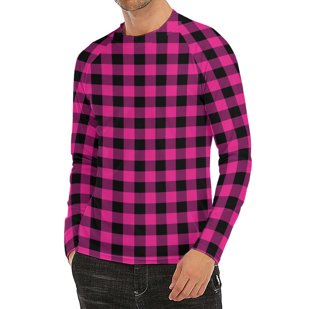 Hot Pink And Black Buffalo Check Print Men's Long Sleeve Rash Guard