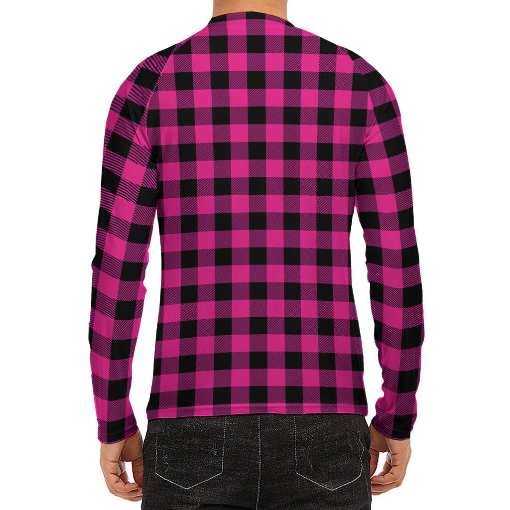 Hot Pink And Black Buffalo Check Print Men's Long Sleeve Rash Guard
